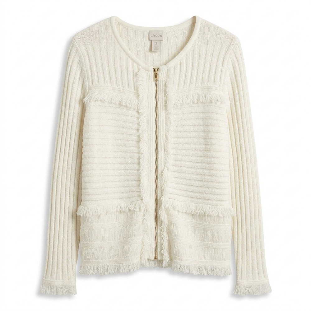 Chico's‎ Size 2 (L) Fringe Ottoman Knit Full Zip Cardigan Jacket Cream Off White